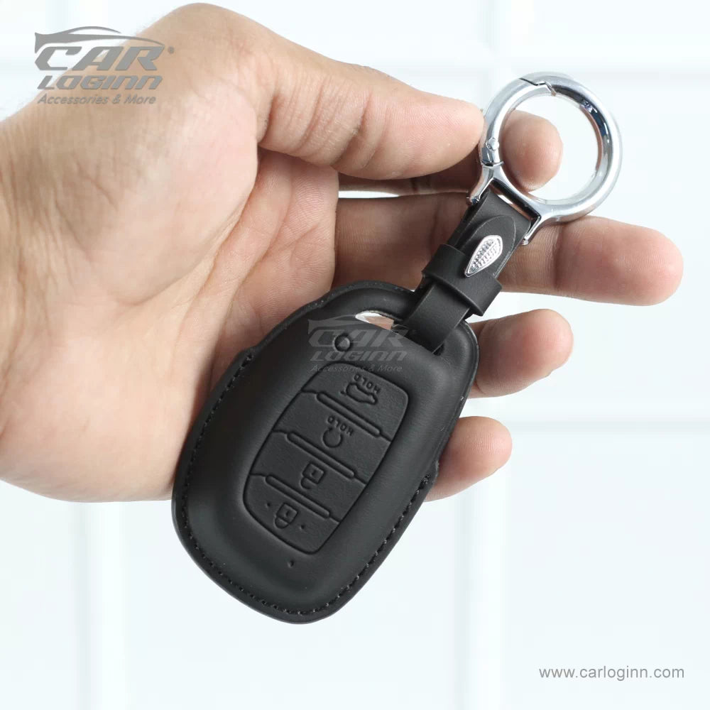 Carloginn PU-3D Leather Key Case for New Hyundai 4 Button Smart Key (PUSH START)