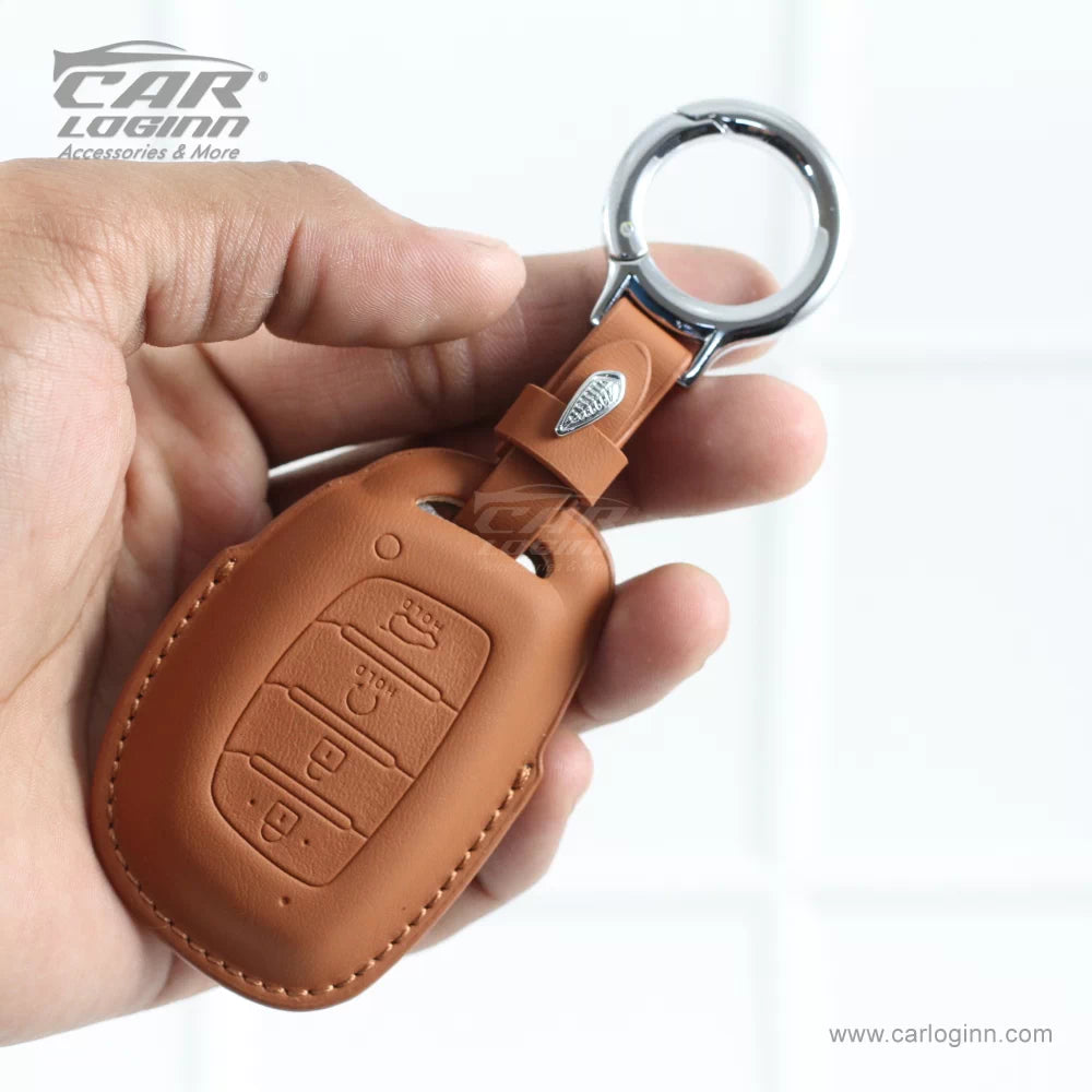 Carloginn PU-3D Leather Key Case for New Hyundai 4 Button Smart Key (PUSH START)