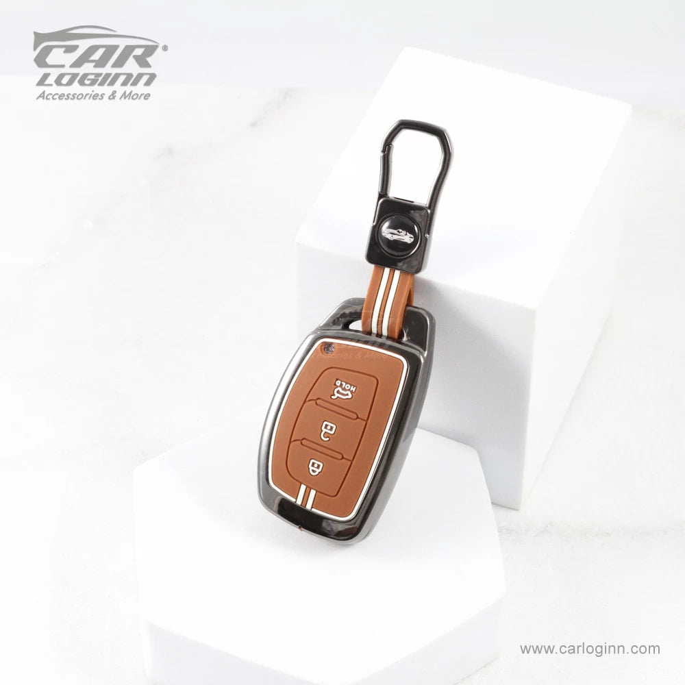 Carloginn Luxury Zinc Alloy Metal Soft Silicon Key Case for Hyundai 3 Button Smart Key - TAN COLOR