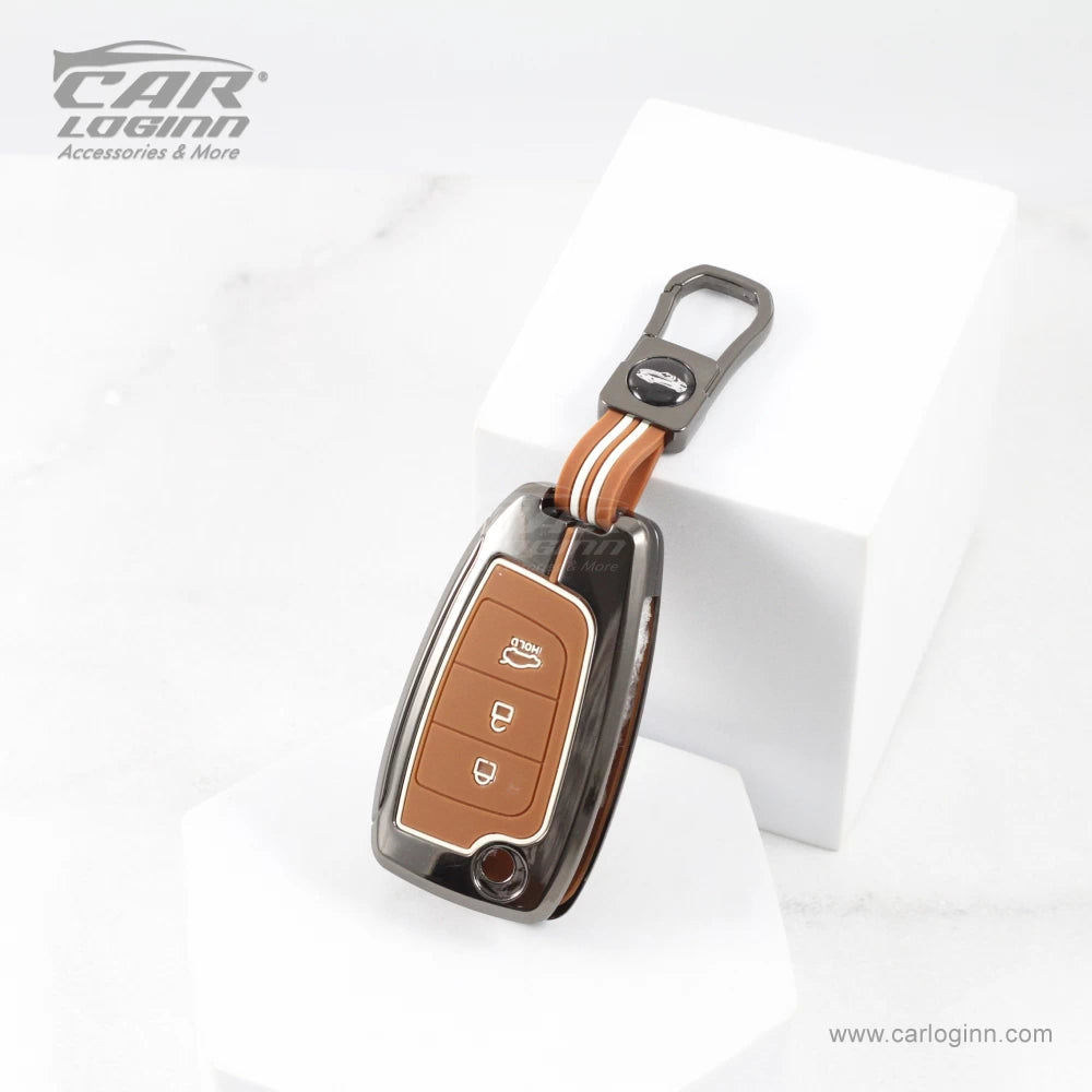 Carloginn Luxury Zinc Alloy Metal Soft Silicon Key Case for Hyundai New i20 | Verna 2020-21 | Old Verna Flip Key - TAN COLOR