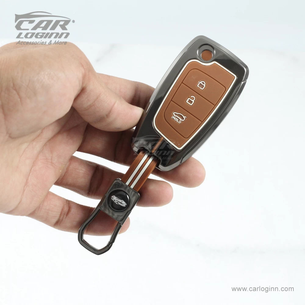 Carloginn Luxury Zinc Alloy Metal Soft Silicon Key Case for Hyundai New i20 | Verna 2020-21 | Old Verna Flip Key - TAN COLOR