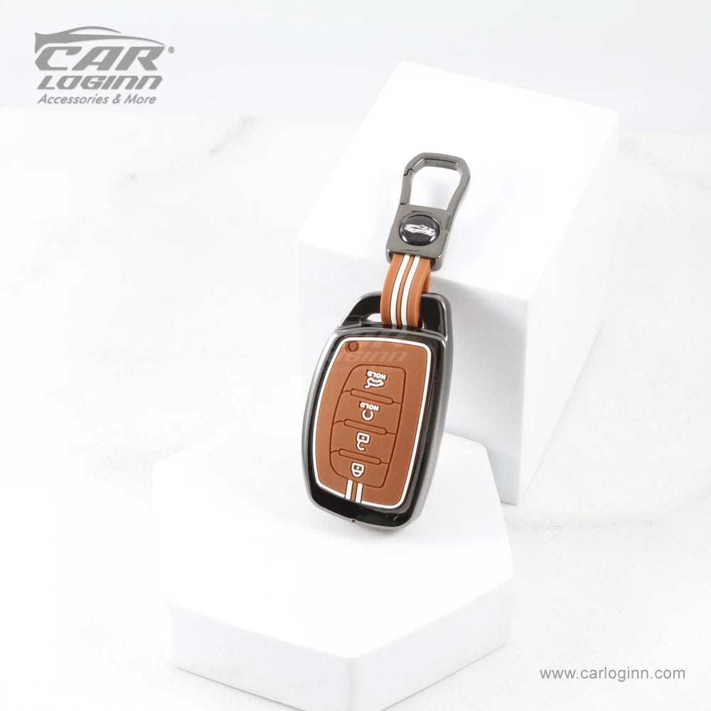 Carloginn Luxury Zinc Alloy Metal Soft Silicon Key Case for New Hyundai 4 Button Smart Key - TAN COLOR