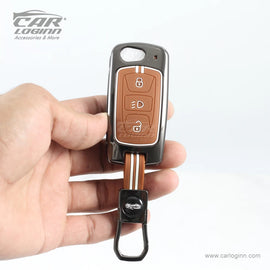 Carloginn Luxury Zinc Alloy Metal Soft Silicon Key Case for Tata Harrier | Punch | Tigor | Bolt | Nexon | Hexa | Zest | Tiago (3 Button Flip Key)- TAN COLOR