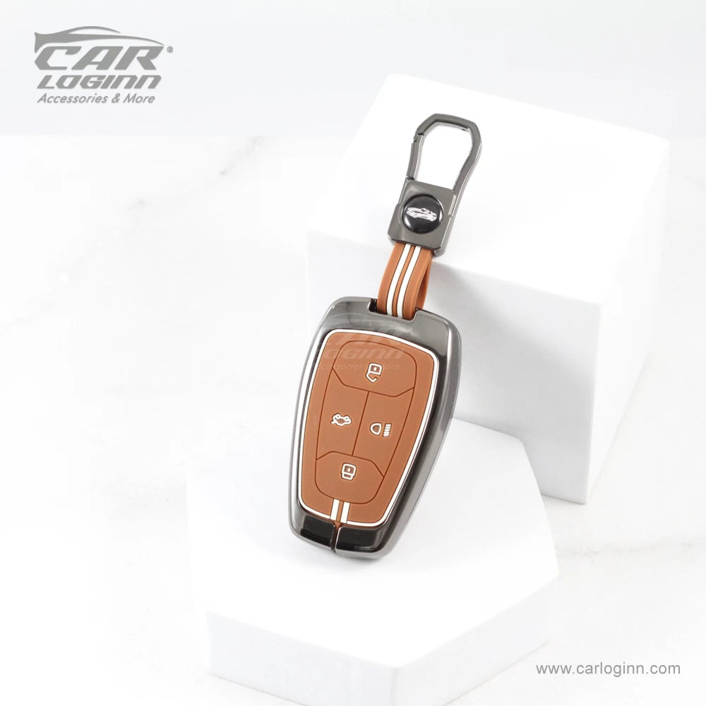 Carloginn Luxury Zinc Alloy Metal Soft Silicon Key Case for TATA 4 Button Smart Key - TAN COLOR