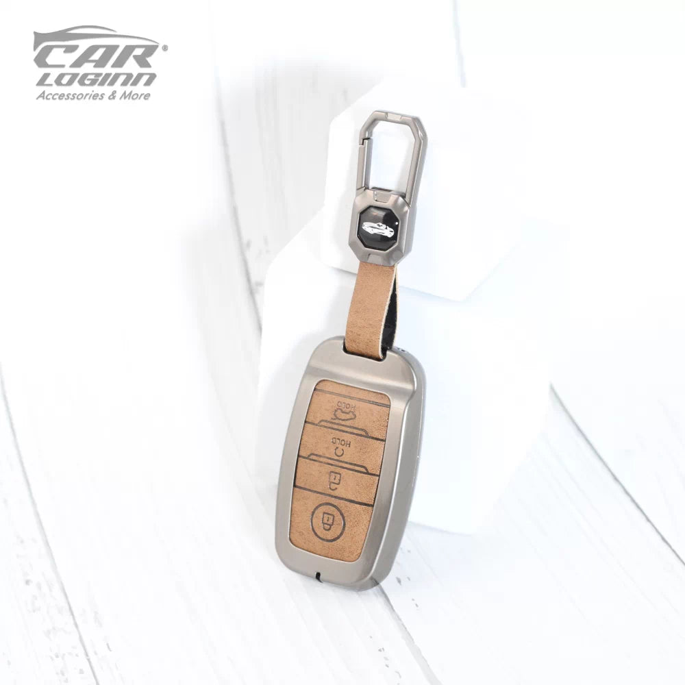 Metal Leather Car Key Case for KIA Carens | Carnival | Seltos | Sonet (4 Button)