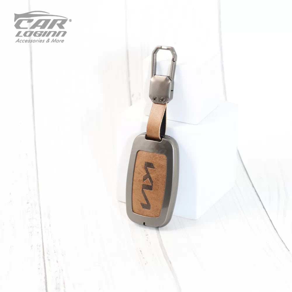 Metal Leather Car Key Case for KIA Carens | Carnival | Seltos | Sonet (4 Button)