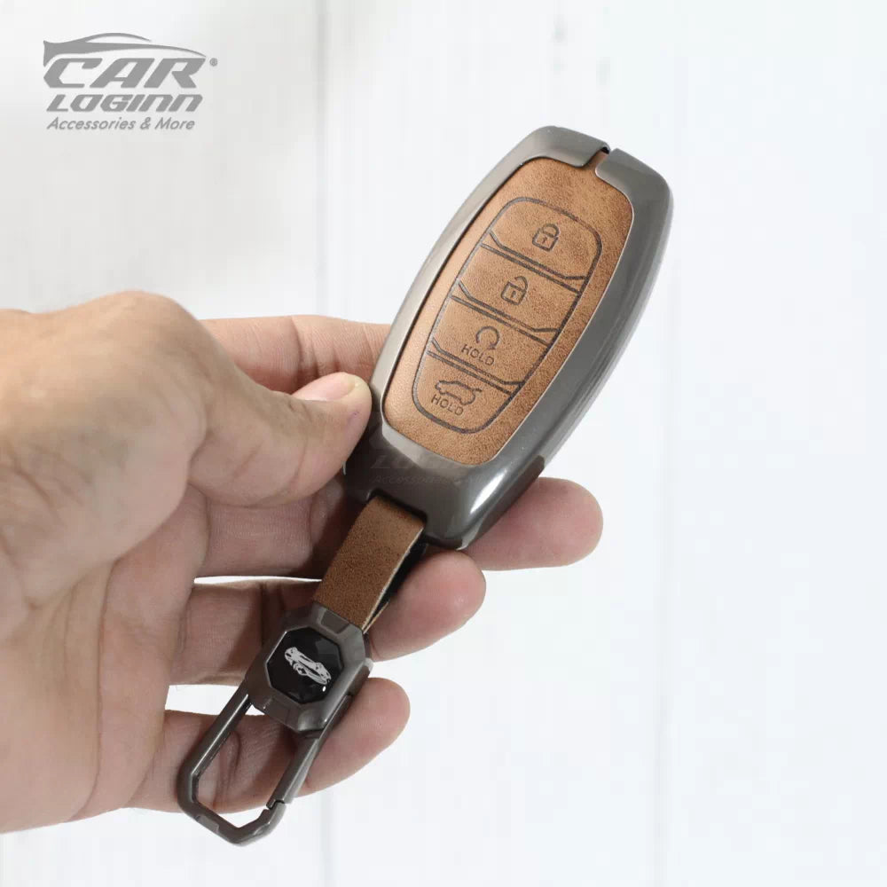 Metal Leather Key Case for Hyundai New Verna Facelift 2023 (4 Button Smart Key)