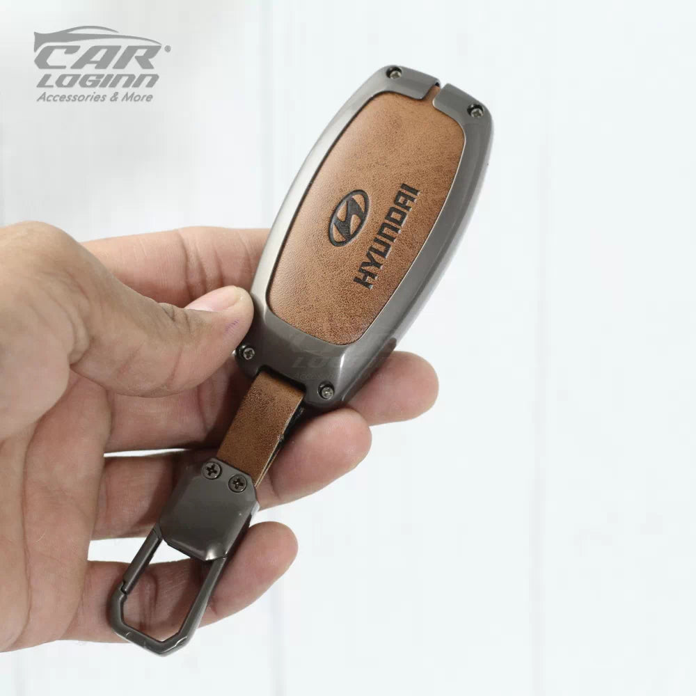 Metal Leather Key Case for Hyundai New Verna Facelift 2023 (4 Button Smart Key)