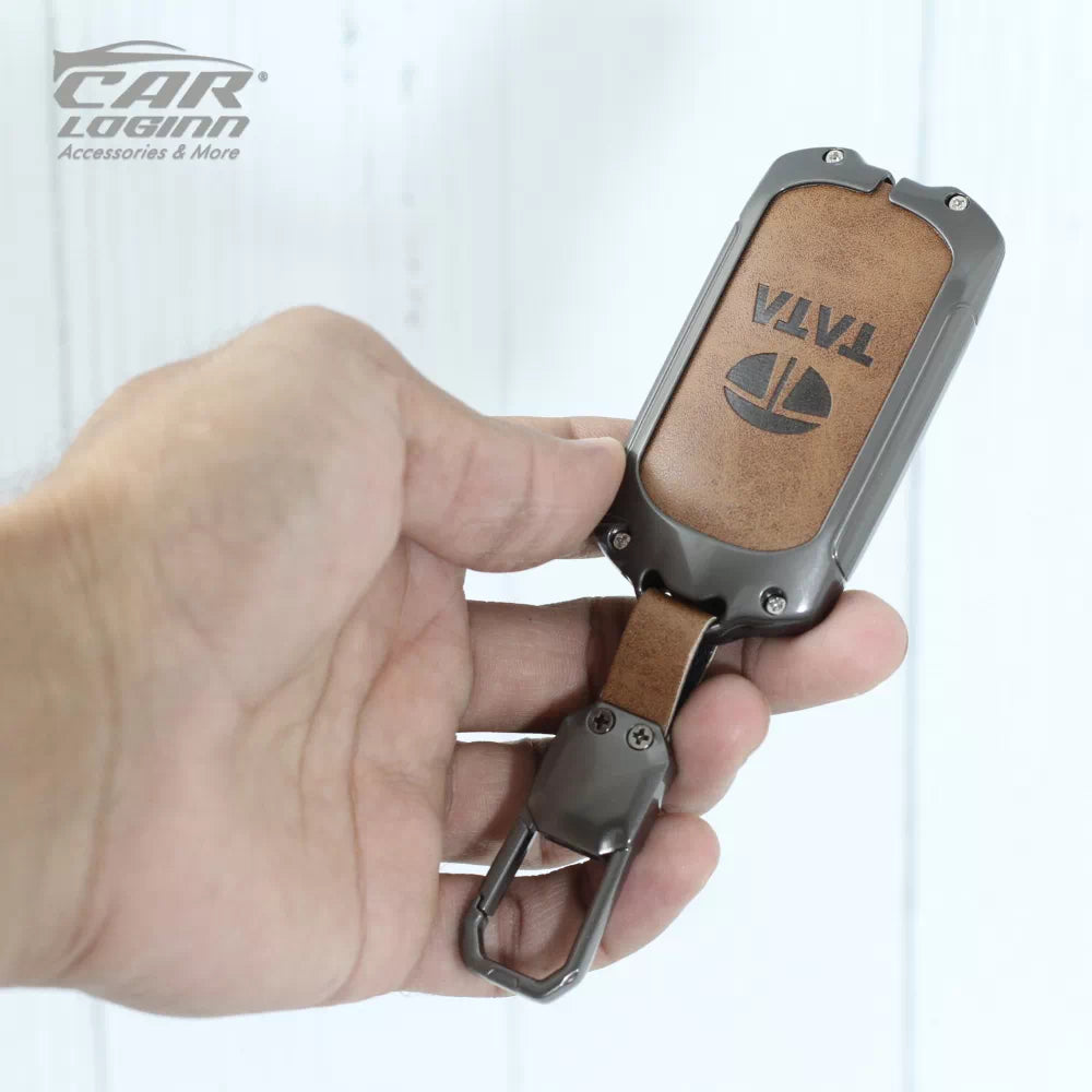 Metal Leather Car Key Cover for Tata Curvv | Curvv EV Electric | Sierra | Safari | Harrier - (4 Button)
