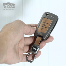 Metal Alloy Leather Key case for Skoda Kushaq | Skoda Kodiaq | Skoda Slavia | Octavia | Volkswagen Tiguan | Volkswagen Virtus | New Polo | New Vento 3 Button Flip Key (TAN)