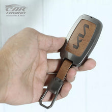 Load image into Gallery viewer, Metal Leather Alloy Car Key Case for KIA Carens | Carnival | Seltos | Sonet Smart Key (4 Button Smart Key) (TAN)