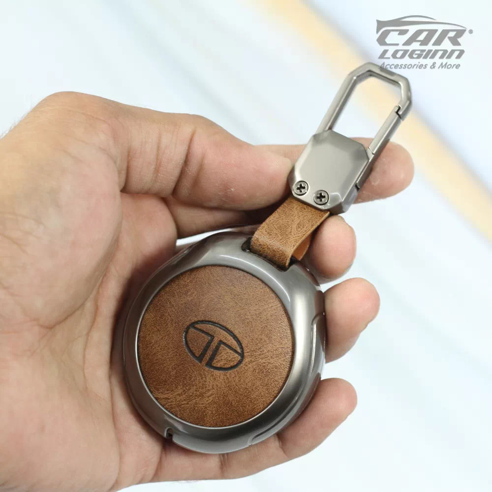 Metal Leather Car Key Cover for New Tata Harrier EV - 4 Button smartkey