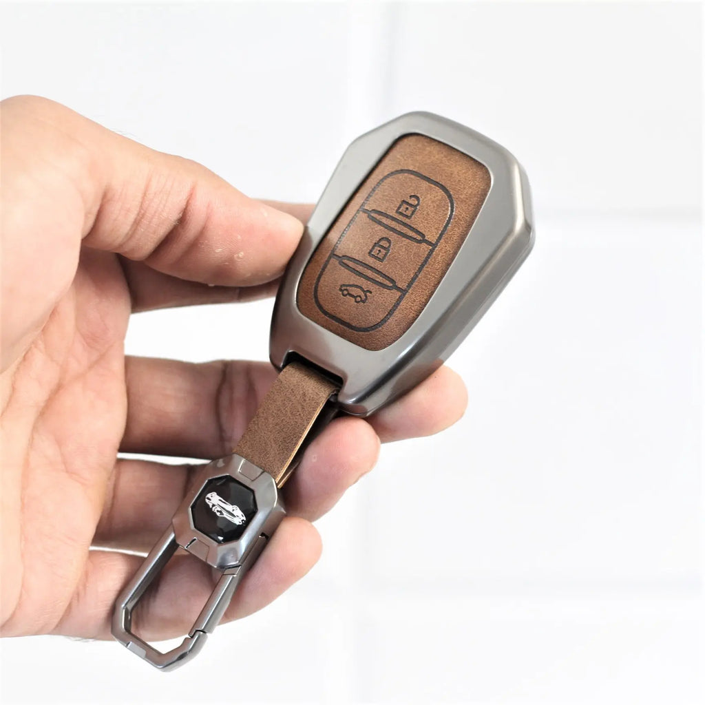 Metal Leather Car Key Case for Renault TRIBER | New KWID | New Duster | Datsun REDI-GO Plus