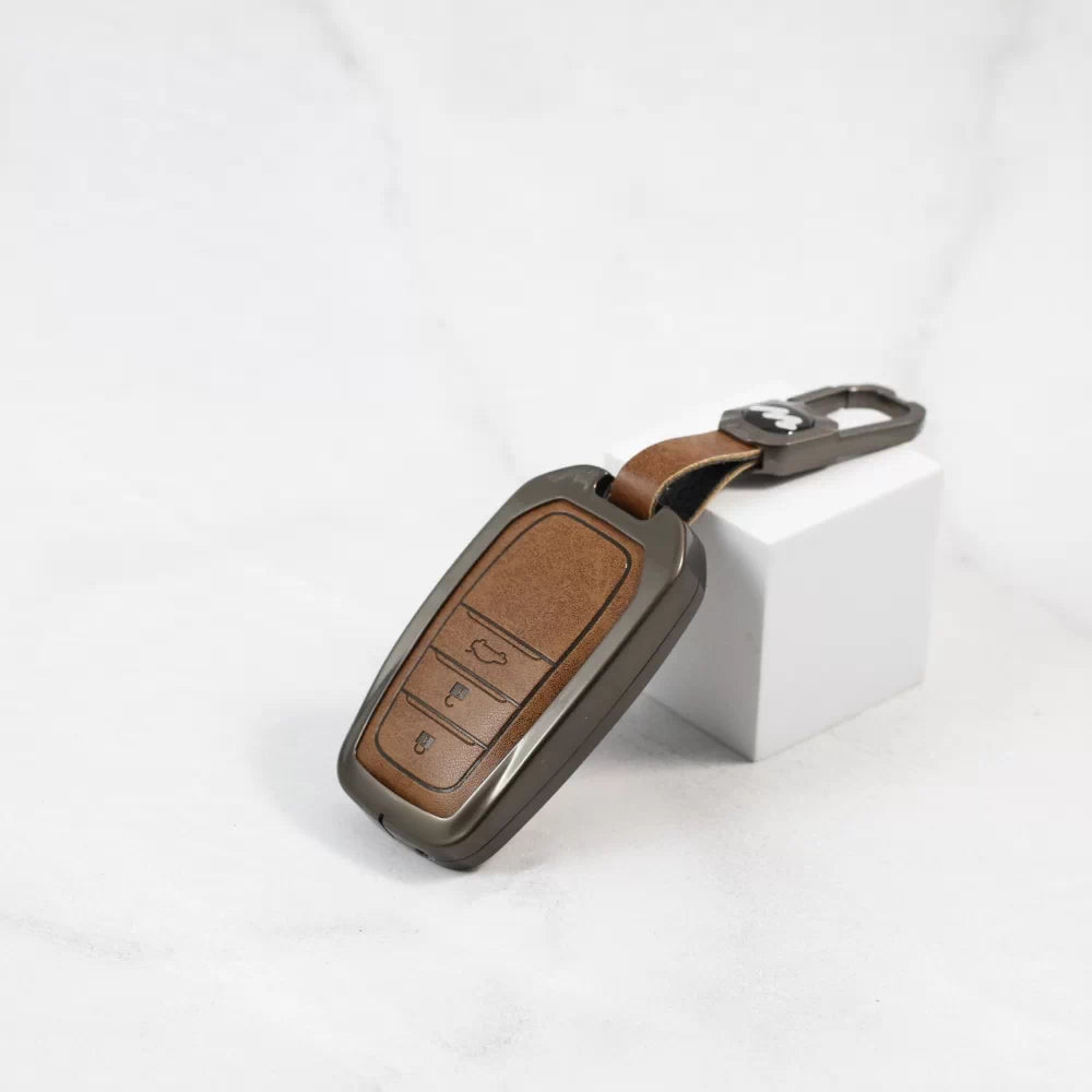 Metal Leather Key Cover for Toyota Innova Hycross | Fortuner | Innova Crysta | Legender - 3 Button Smart Key