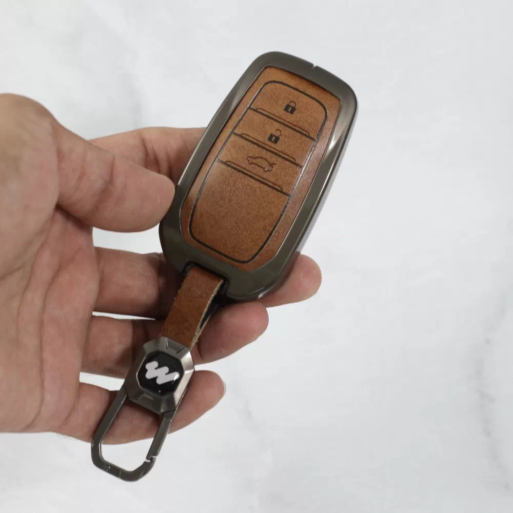 Metal Leather Key Cover for Toyota Innova Hycross | Fortuner | Innova Crysta | Legender - 3 Button Smart Key