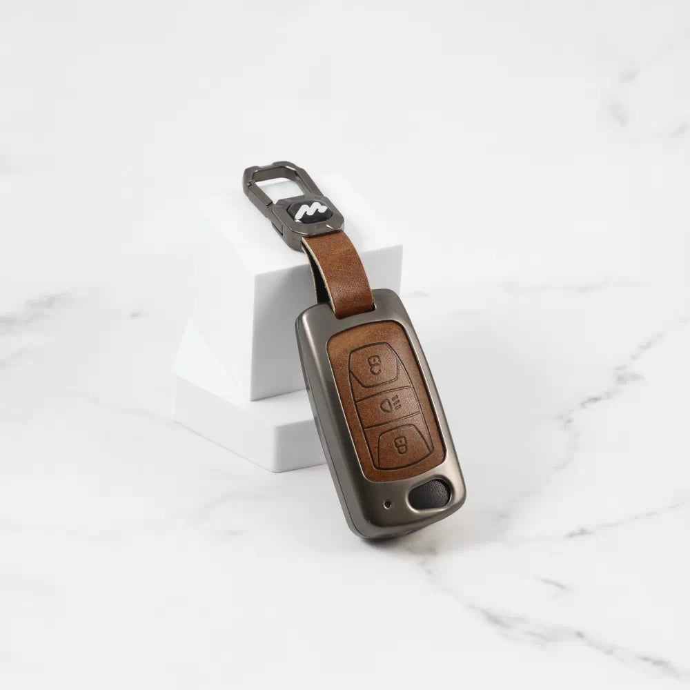 Metal Leather Key case for Tata Harrier | Punch | Tigor | Bolt | Nexon | Hexa | Zest | Tiago (3 Button)