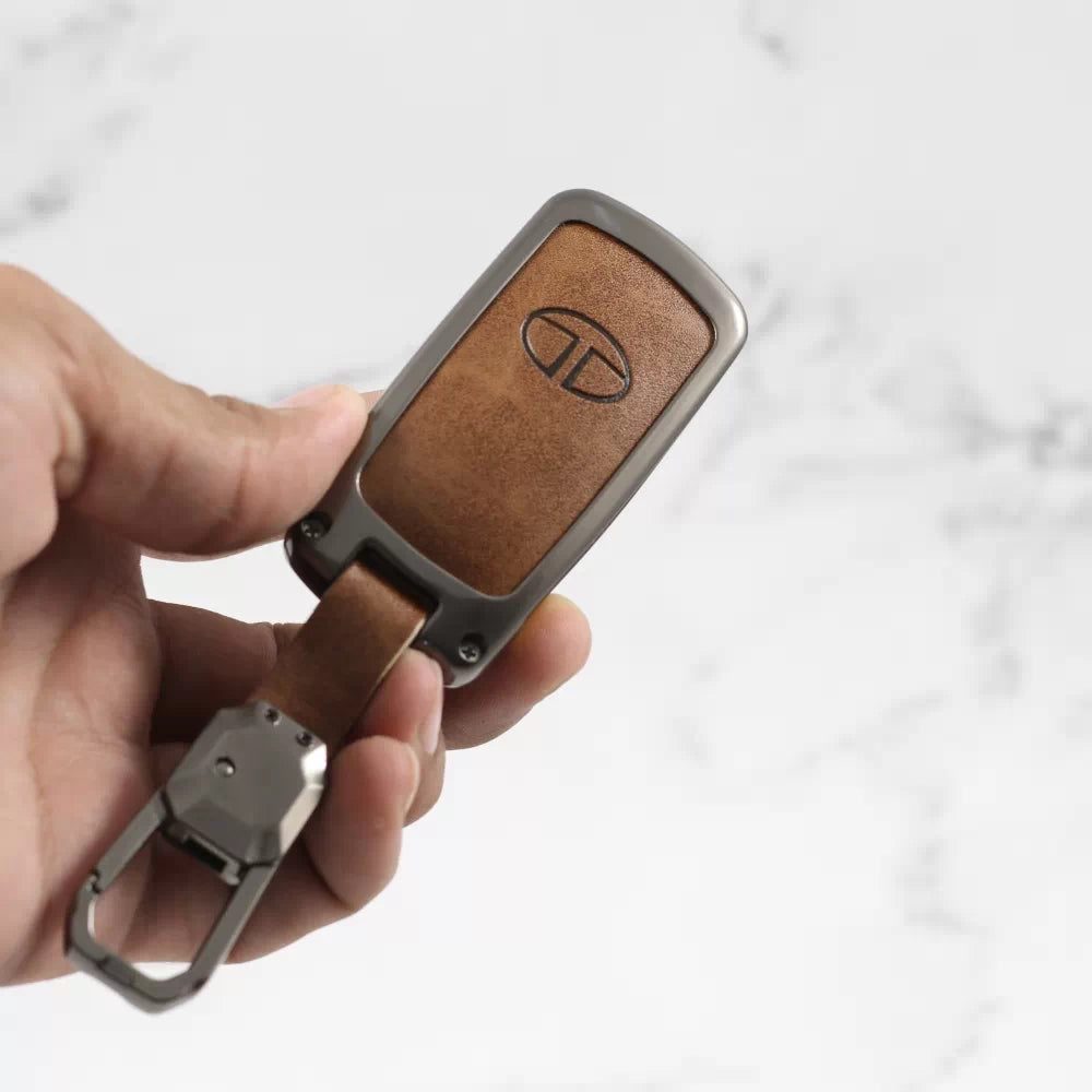Metal Leather Key case for Tata Harrier | Punch | Tigor | Bolt | Nexon | Hexa | Zest | Tiago (3 Button)
