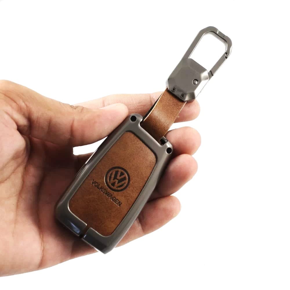 Metal Leather Key case for Volkswagen Tiguan | Virtus | Tayron | Tiguan R-line & Skoda Kushaq | Superb | Kodiaq | Slavia - (3 Button)