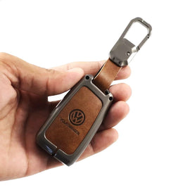 Metal Leather Key case for Volkswagen Tiguan | Virtus | Tayron | Tiguan R-line & Skoda Kushaq | Superb | Kodiaq | Slavia - (3 Button)