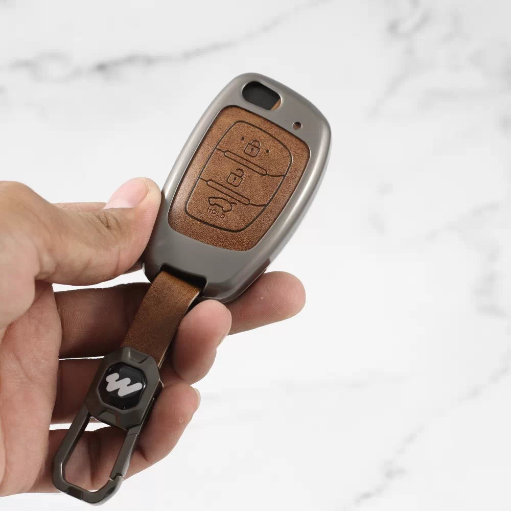 Metal Leather Key case for Hyundai Creta | Aura | i10 grand | Exter | Venue | Nios | Xcent | i20  (3 Button)