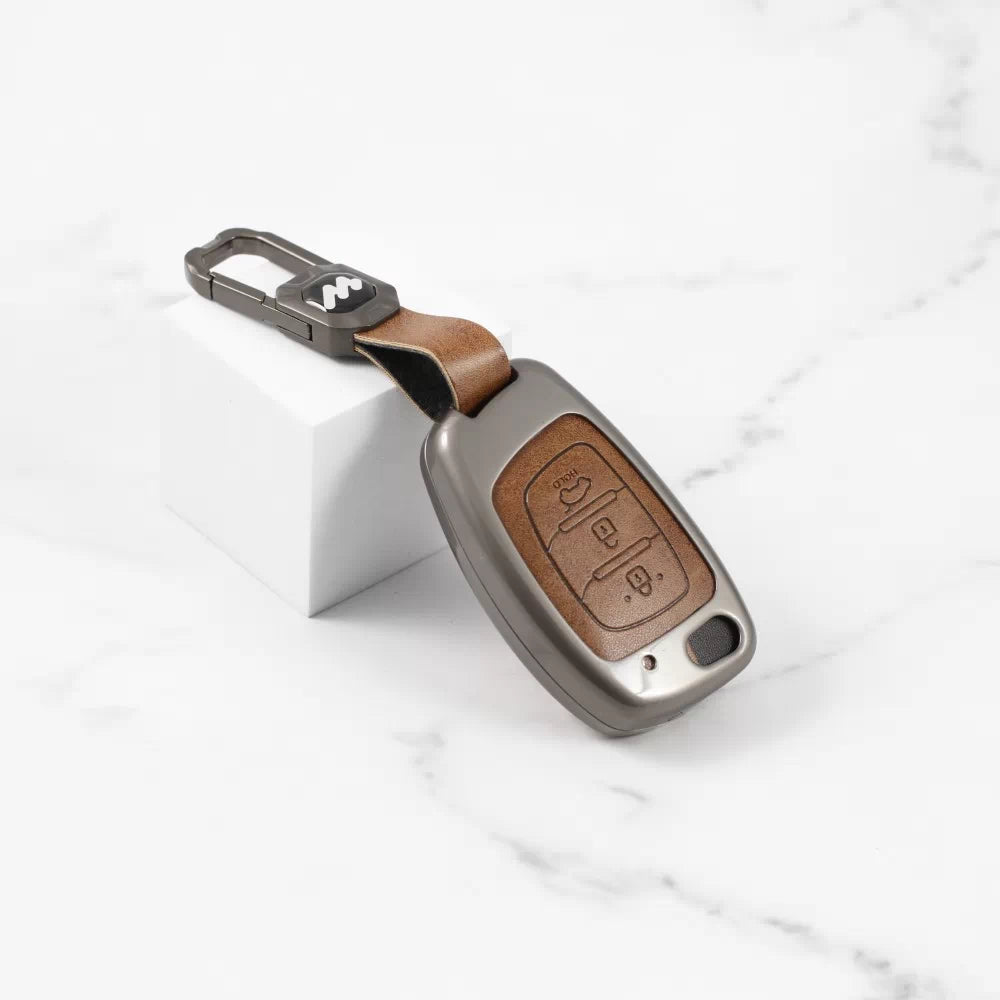 Metal Leather Key case for Hyundai Creta | Aura | i10 grand | Exter | Venue | Nios | Xcent | i20  (3 Button)