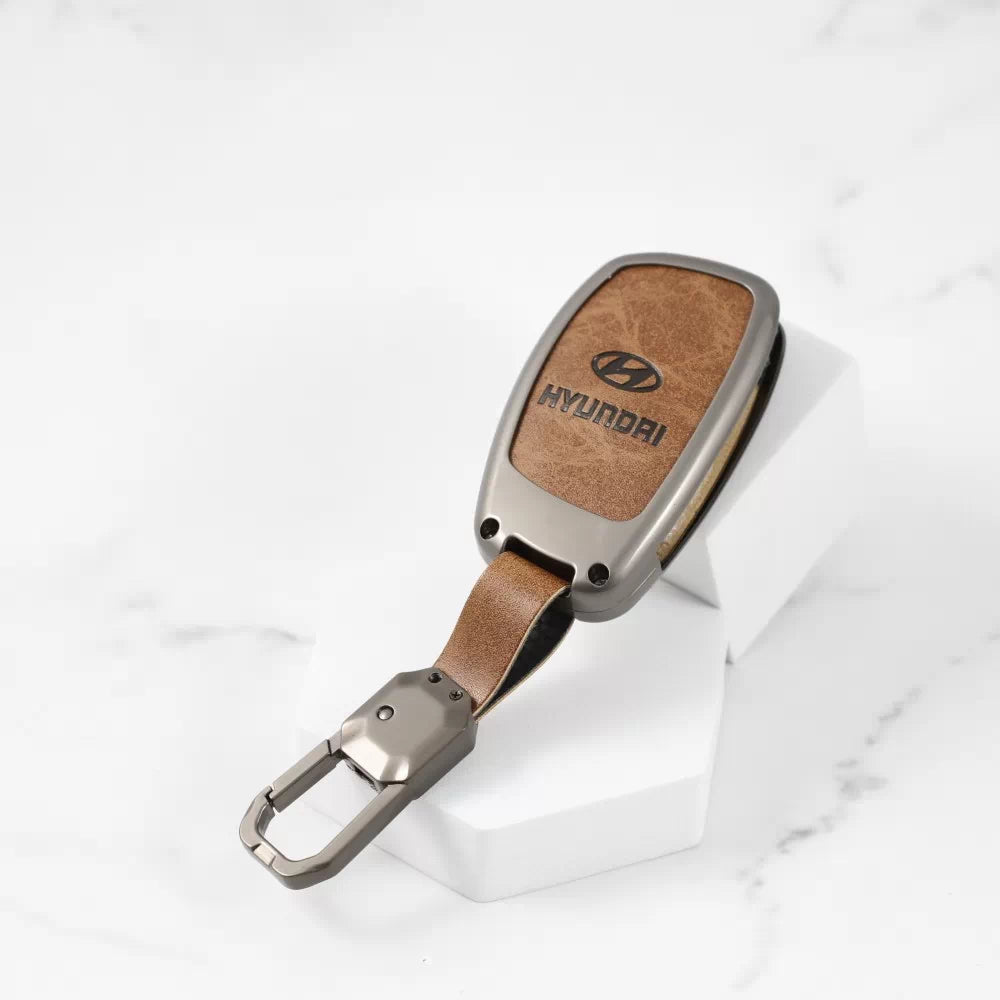 Metal Leather Key case for Hyundai Creta | Aura | i10 grand | Exter | Venue | Nios | Xcent | i20  (3 Button)