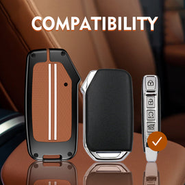 Luxury Zinc Alloy Metal Soft Silicon Key Case for New Kia Seltos 2023 Facelift | Carens X Line | Sonet Facelift - 4 Button Smart Key - TAN COLOR