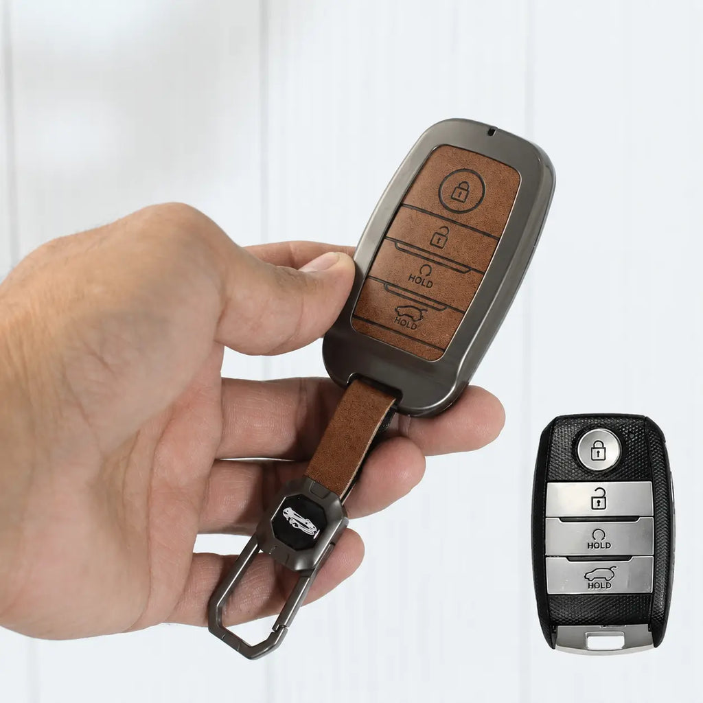 Metal Leather Car Key Case for KIA Carens | Carnival | Seltos | Sonet (4 Button)