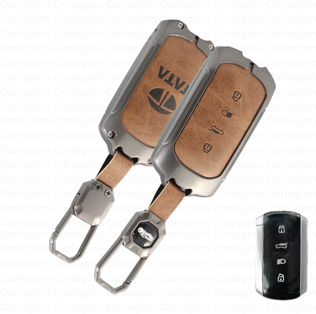 Metal Leather Car Key Cover for Tata Curve 4 Button Smart Key