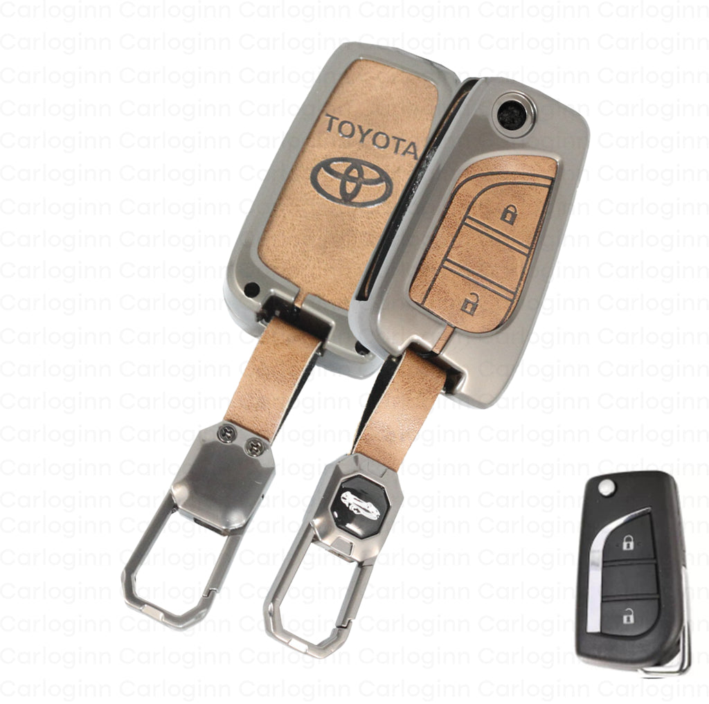 Metal Leather Car Key Case Fit for Toyota Innova Crysta | Corolla Altis Flip Key (2 Button)