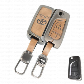 Metal Leather Car Key Case Fit for Toyota Innova Crysta | Corolla Altis Flip Key (2 Button)