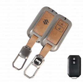 Metal Alloy Leather Key case for New Maruti Suzuki Grand Vitara | Fronx | New Brezza | XL 6 | Ignis | Baleno | New Ertiga | Ignis | New Swift | New Dezire  2 Button Smart Key (TAN)