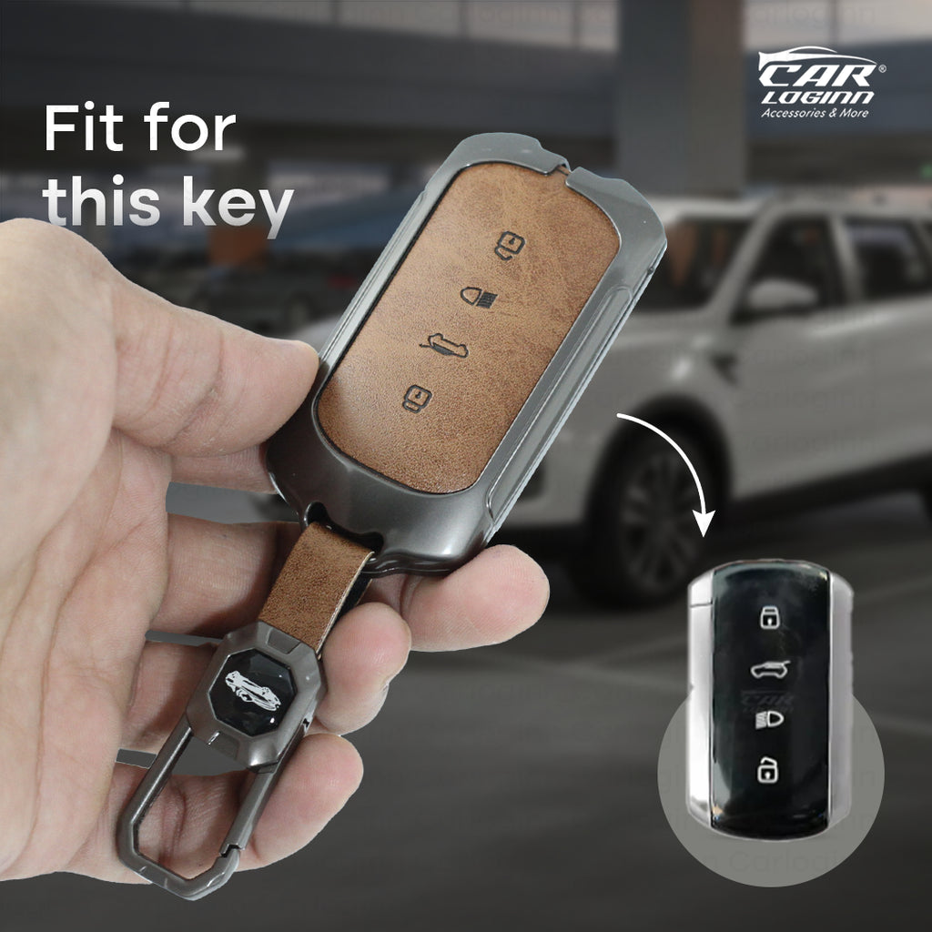 Metal Leather Car Key Cover for Tata Curve 4 Button Smart Key