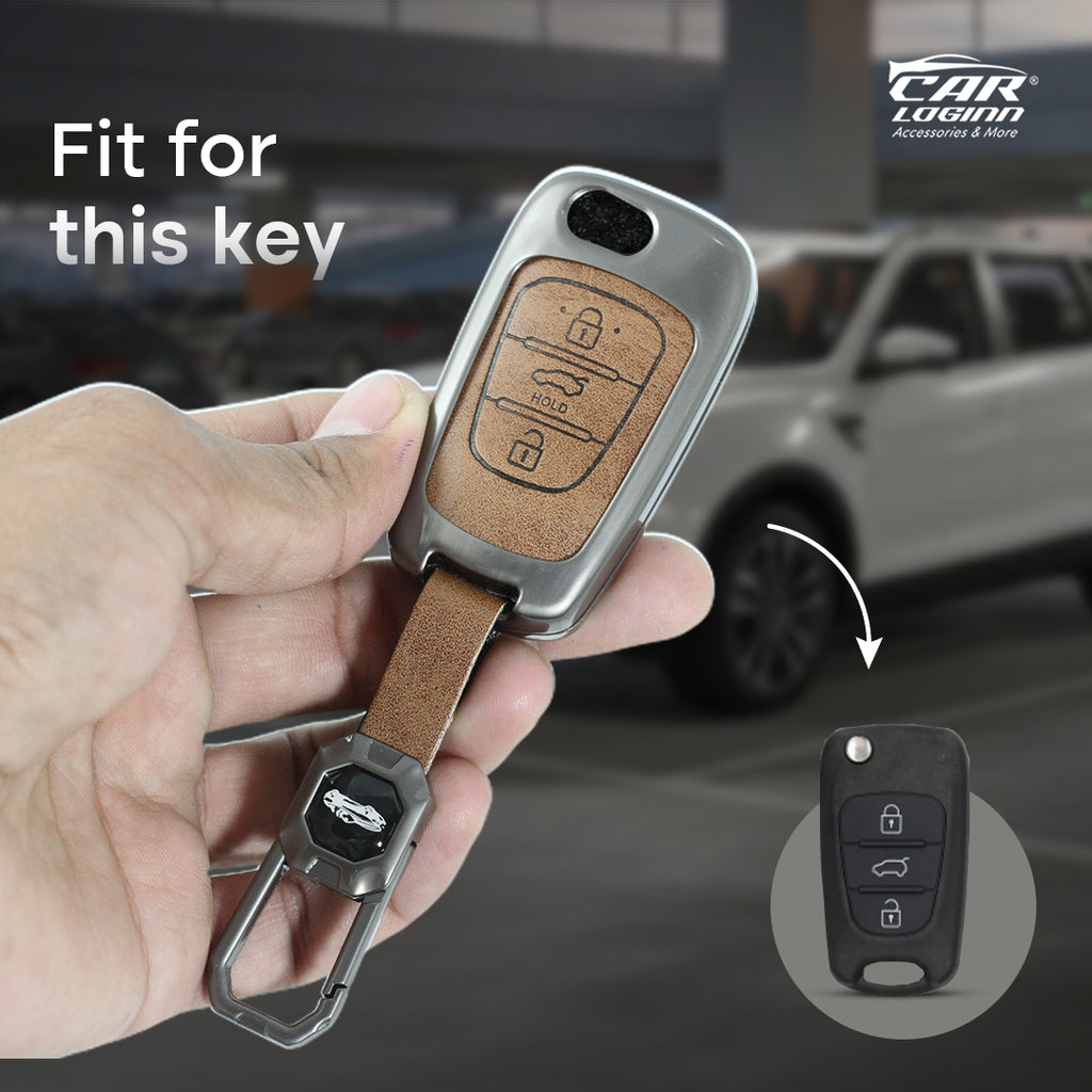 Metal Leather Key Case for Hyundai Old Verna | Old Elentra | Old i20 | Old i10 (Flip Key)