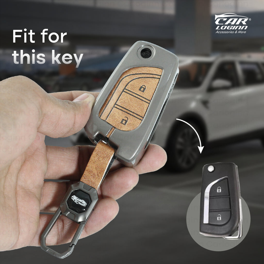 Metal Leather Car Key Case Fit for Toyota Innova Crysta | Corolla Altis Flip Key (2 Button)