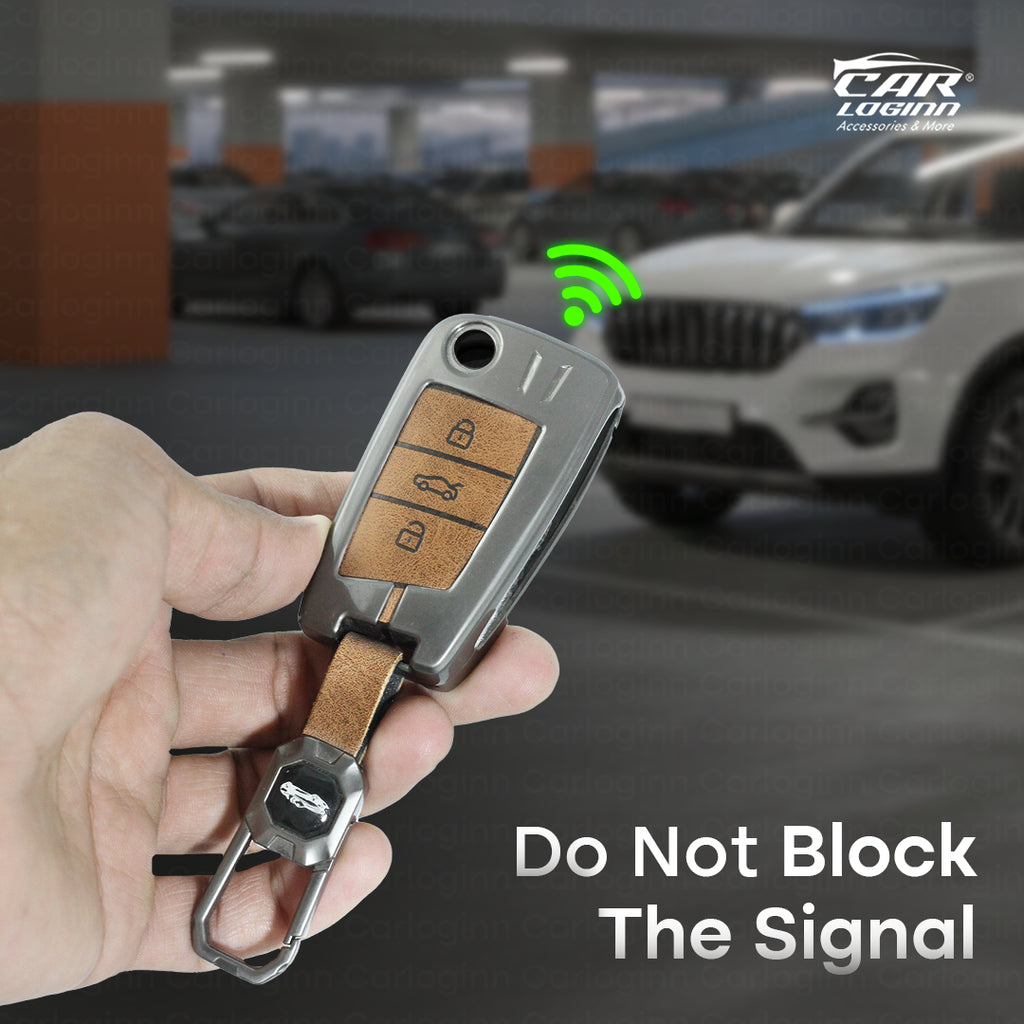 Metal Alloy Leather Key case for Skoda Kushaq | Skoda Kodiaq | Skoda Slavia | Octavia | Volkswagen Tiguan | Volkswagen Virtus | New Polo | New Vento 3 Button Flip Key (TAN)