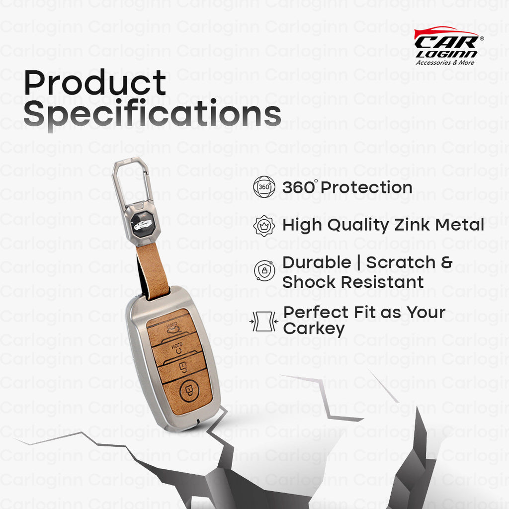 Metal Leather Alloy Car Key Case for KIA Carens | Carnival | Seltos | Sonet Smart Key (4 Button Smart Key) (TAN)