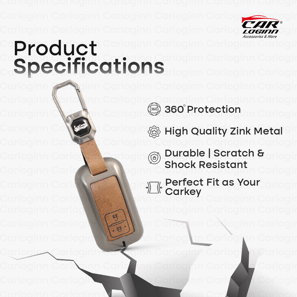 Metal Alloy Leather Key case for New Maruti Suzuki Grand Vitara | Fronx | New Brezza | XL 6 | Ignis | Baleno | New Ertiga | Ignis | New Swift | New Dezire  2 Button Smart Key (TAN)