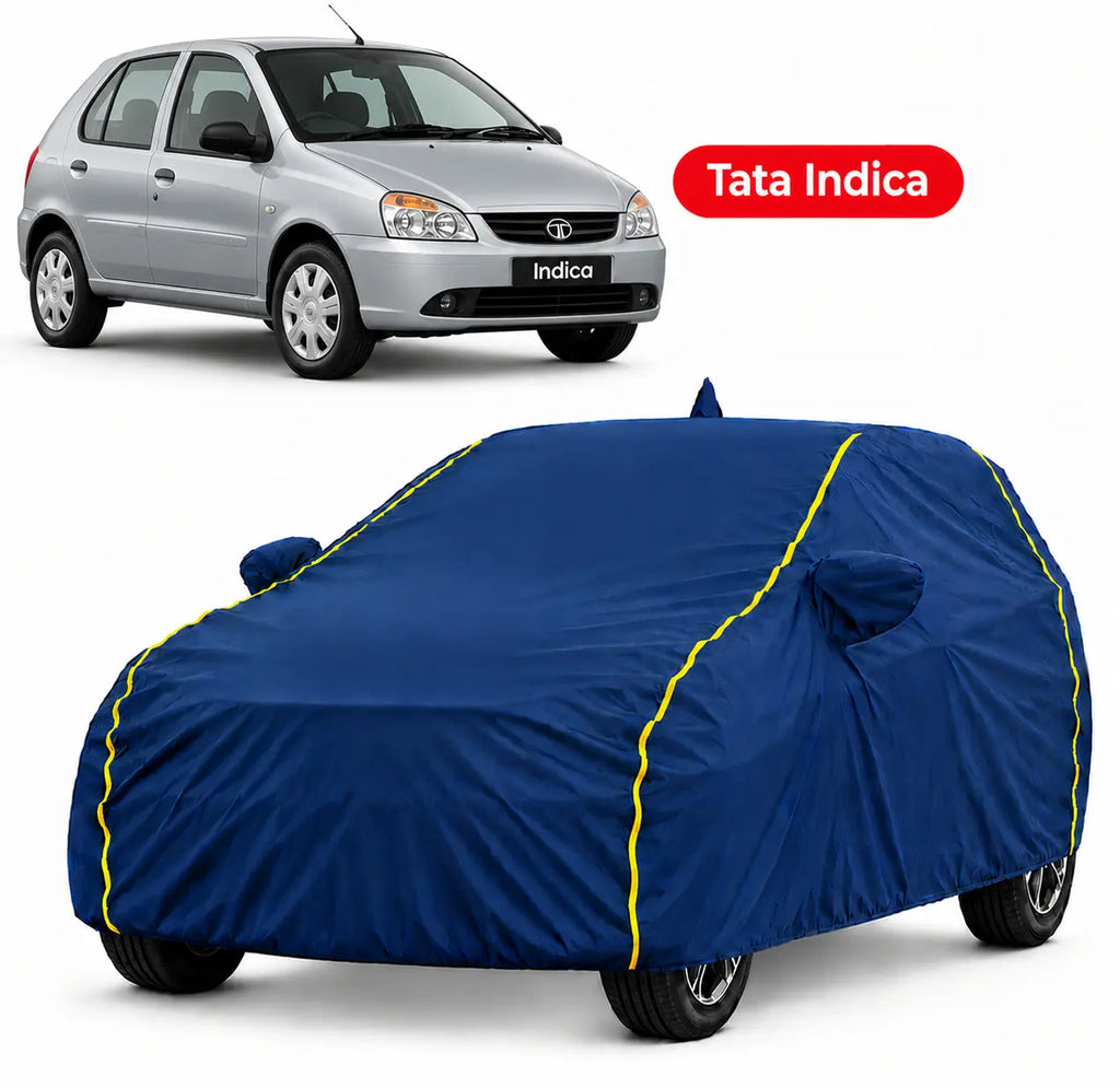 TATA Indica Car Body Cover | All Weather Resistant | Triple Stitched with Soft Cotton Lining | Side Mirror Pocket (AERO Silver)