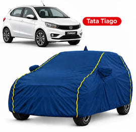TATA Tiago Car Body Cover | All Weather Resistant | Triple Stitched with Soft Cotton Lining | Side Mirror Pocket (Black and Red)
