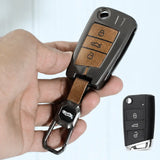 Metal Leather Key case for Skoda Kushaq | Kodiaq | Slavia | Octavia | Volkswagen Tiguan | Virtus | New Polo | New Vento - (3 Button)