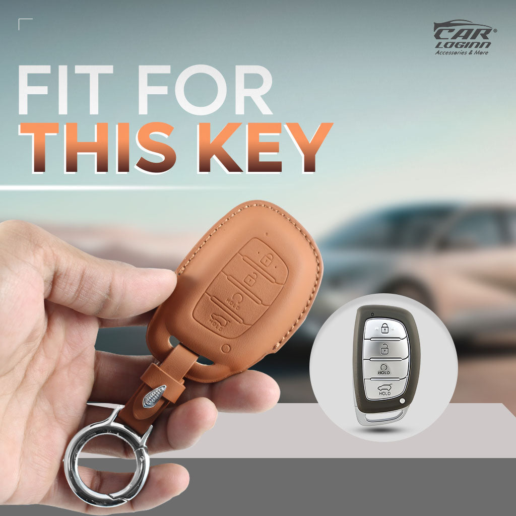 Carloginn PU-3D Leather Key Case for New Hyundai 4 Button Smart Key (PUSH START)