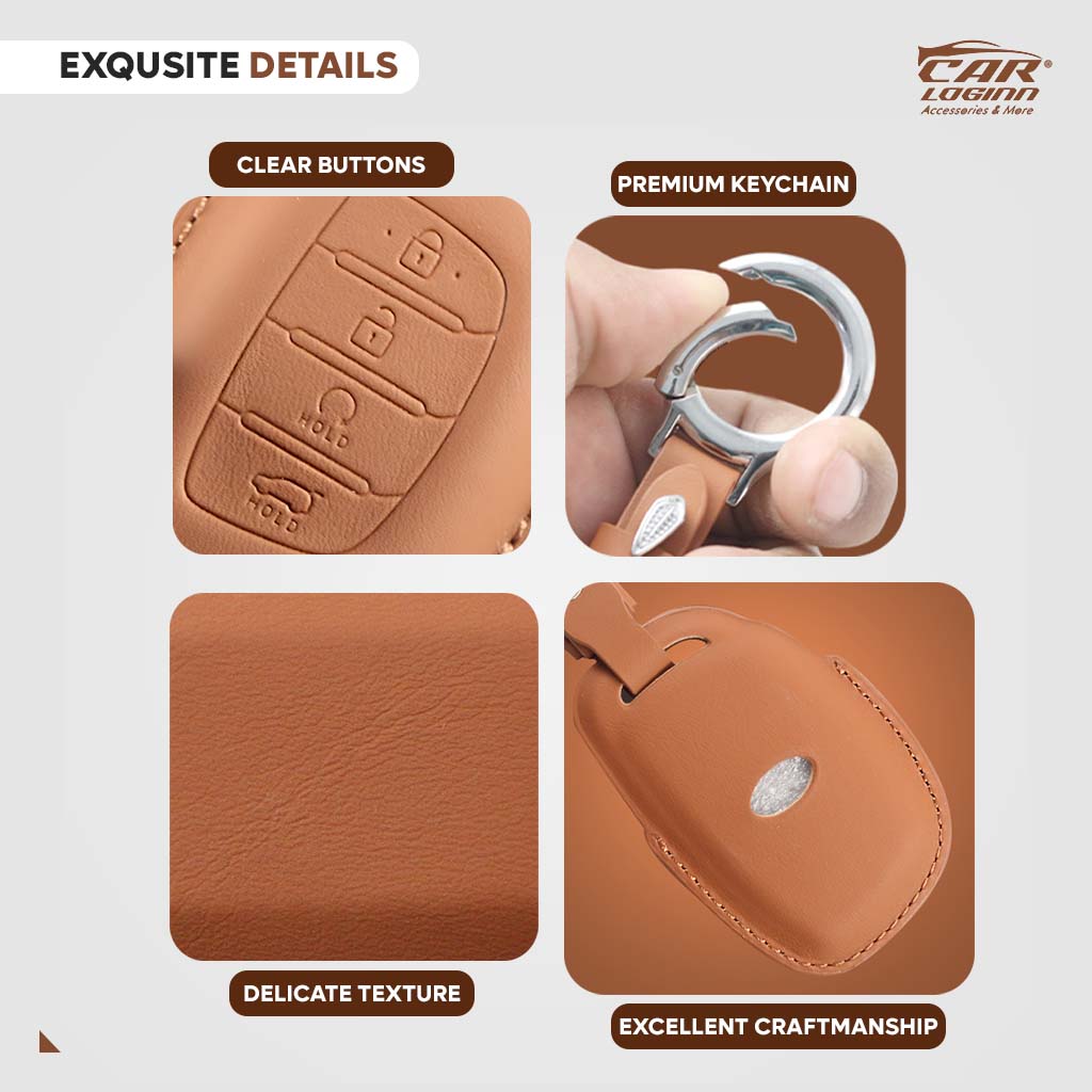 Carloginn PU-3D Leather Key Case for New Hyundai 4 Button Smart Key (PUSH START)