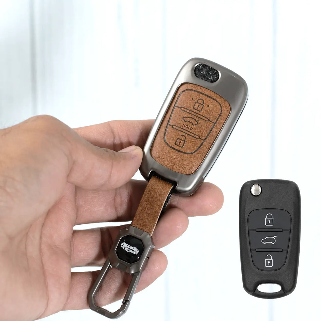 Metal Leather Key Case for Hyundai Old Verna | Old Elentra | Old i20 | Old i10 (Flip Key)