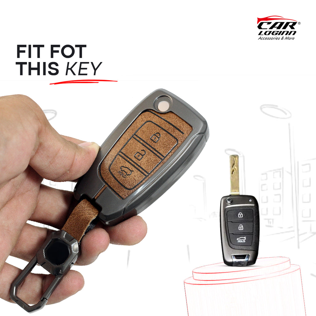 Metal Leather Car Key Case for Hyundai New i20 2023 | Verna 2020-21 | Old Verna Flip Key