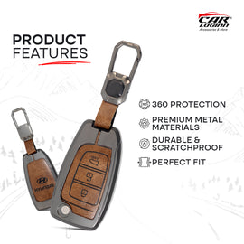 Metal Leather Car Key Case for Hyundai New i20 2023 | Verna 2020-21 | Old Verna Flip Key