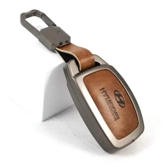 Metal Leather Key case for Hyundai Xcent | Exter | Creta | Venue | i20 | Aura | i10 Grand | Nios - (3 Button)