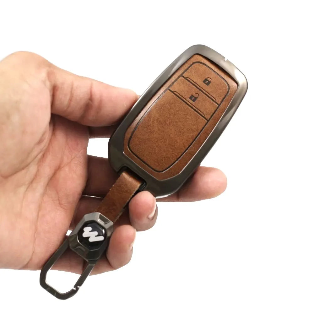 Metal Leather Key case for Toyota Innova Hycross | Fortuner | Innova Crysta | Legender - (2 Button Smart Key)