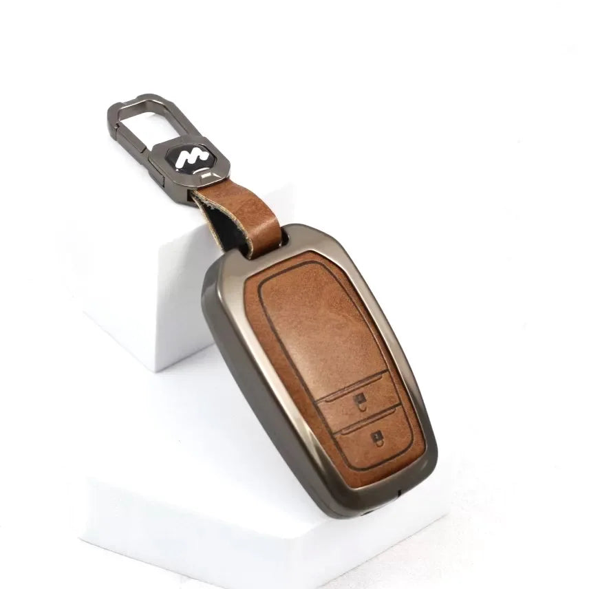 Metal Leather Key case for Toyota Innova Hycross | Fortuner | Innova Crysta | Legender - (2 Button Smart Key)